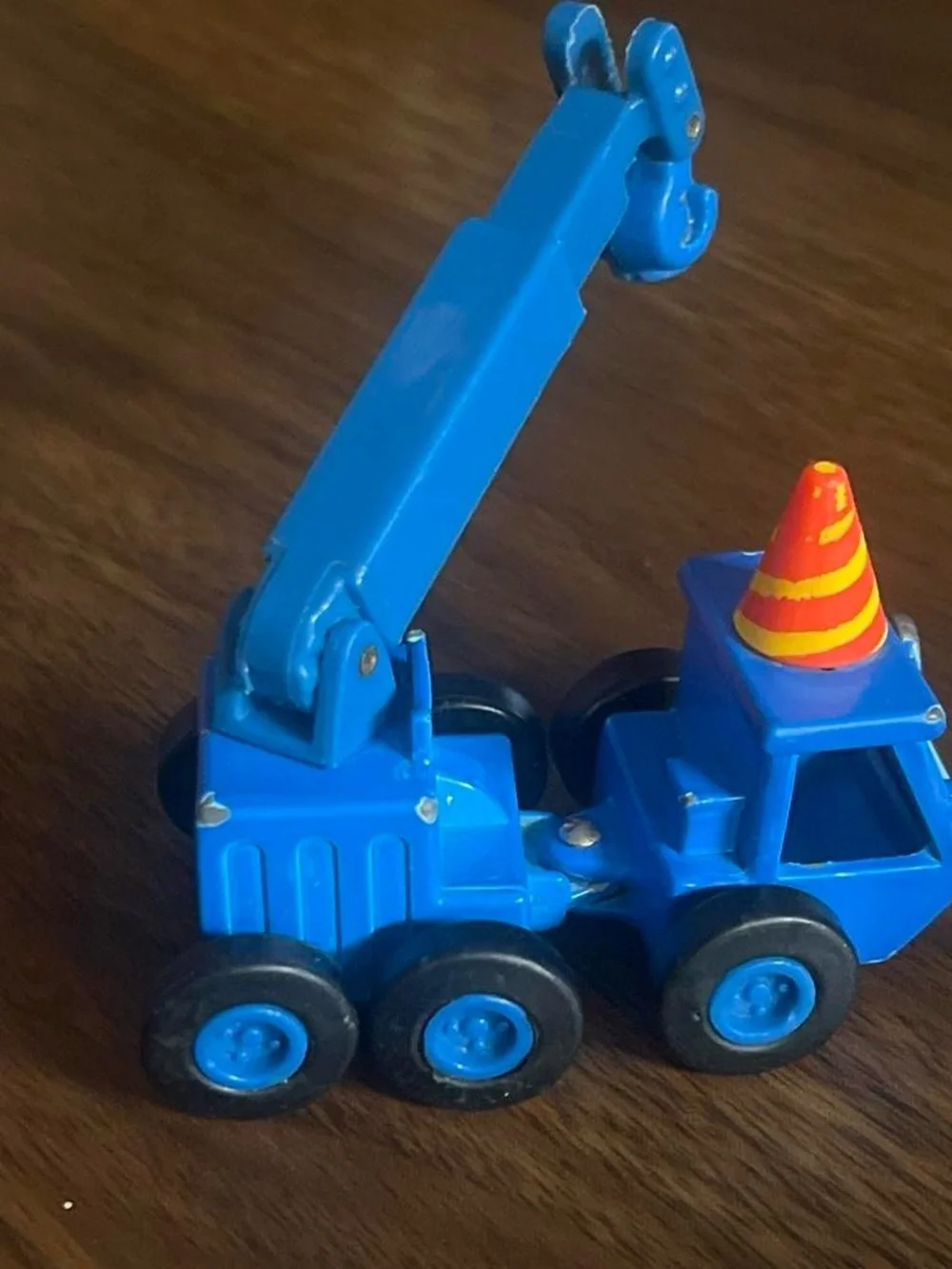 Blue Toy Crane Truck with Orange Safety Cone - Kids Vehicles